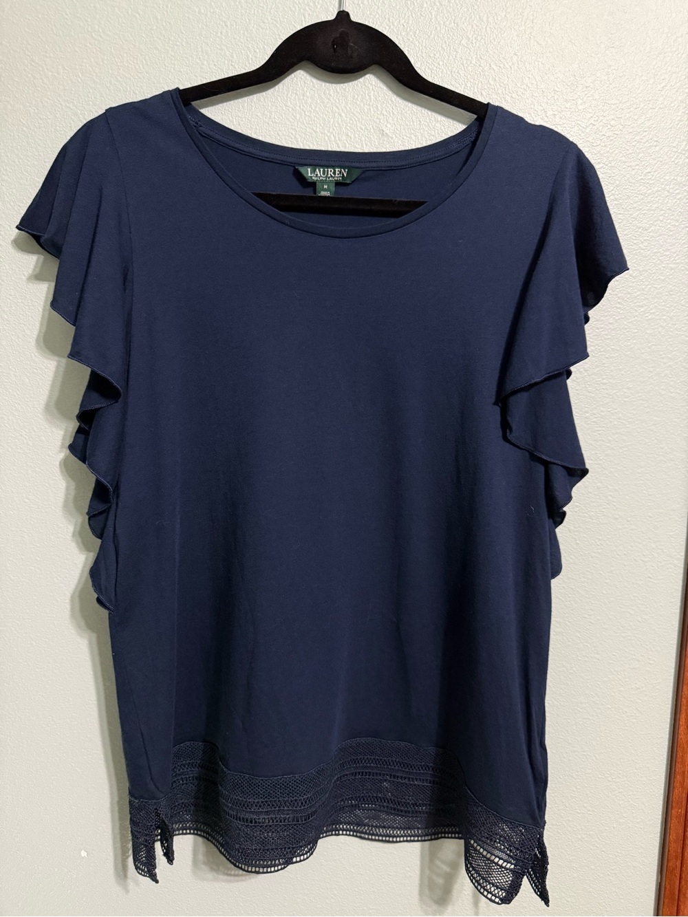 Ralph Lauren Navy Ruffle Sleeve Knit Top with Lace Hem